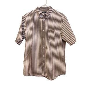 Sedyrak Mens Beige White Striped Linen Blend Short Sleeve Button Down Shirt L